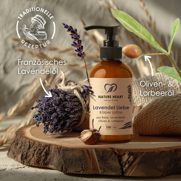 Lavendel Liebe Körperlotion 100 ml mit Hinweisen auf französisches Lavendelöl, Oliven- und Lorbeeröl sowie traditionelle Rezeptur