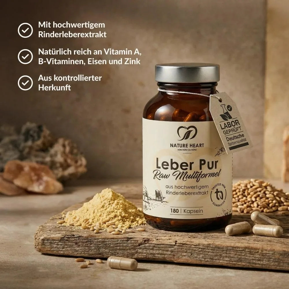 Leber Pur Raw Multiformel, Braunglas mit 180 Kapseln: Rinderleberextrakt aus kontrollierter Herkunft, mit Hinweisfeldern