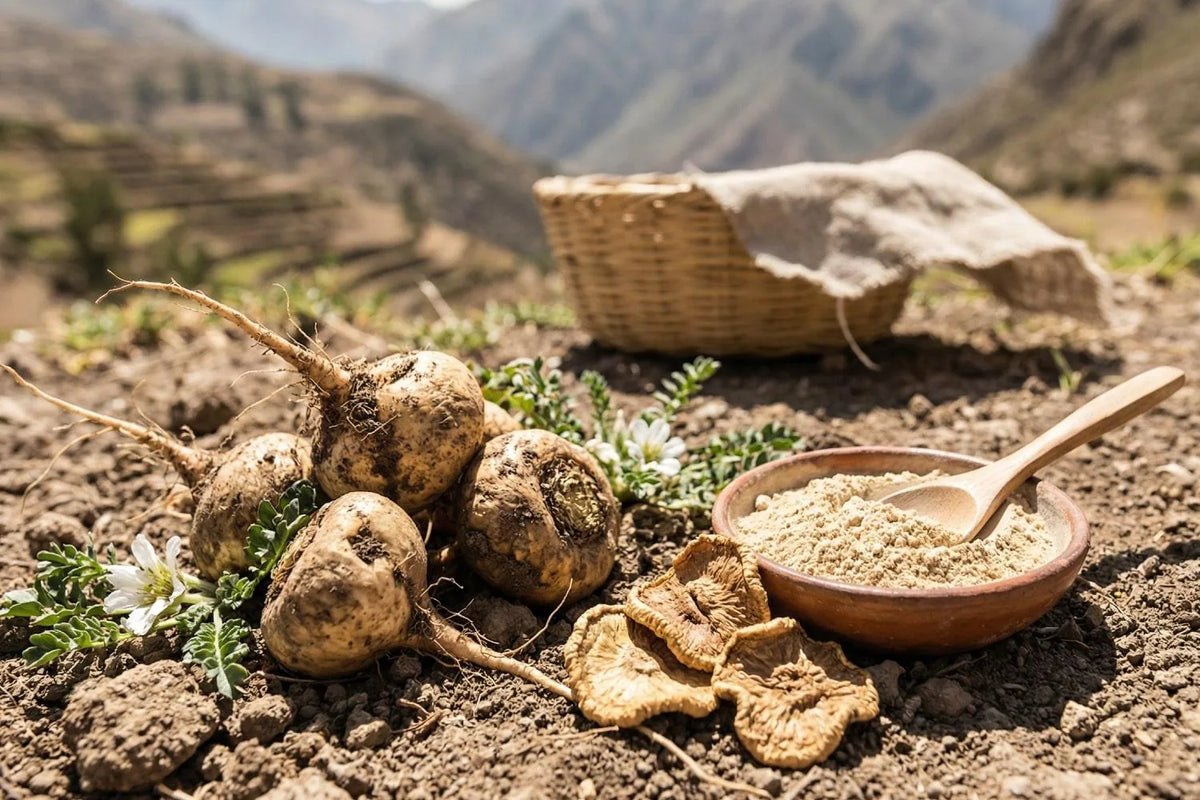 Frische Maca-Wurzeln auf Ackerboden mit getrockneten Maca-Scheiben und Maca-Pulver in einer Tonschale vor Bergen