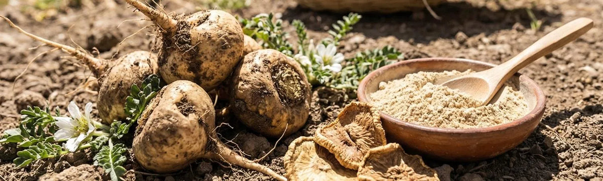 Nahaufnahme frischer Maca-Wurzeln mit weißen Blüten neben getrockneten Maca-Scheiben und einer Tonschale Maca-Pulver