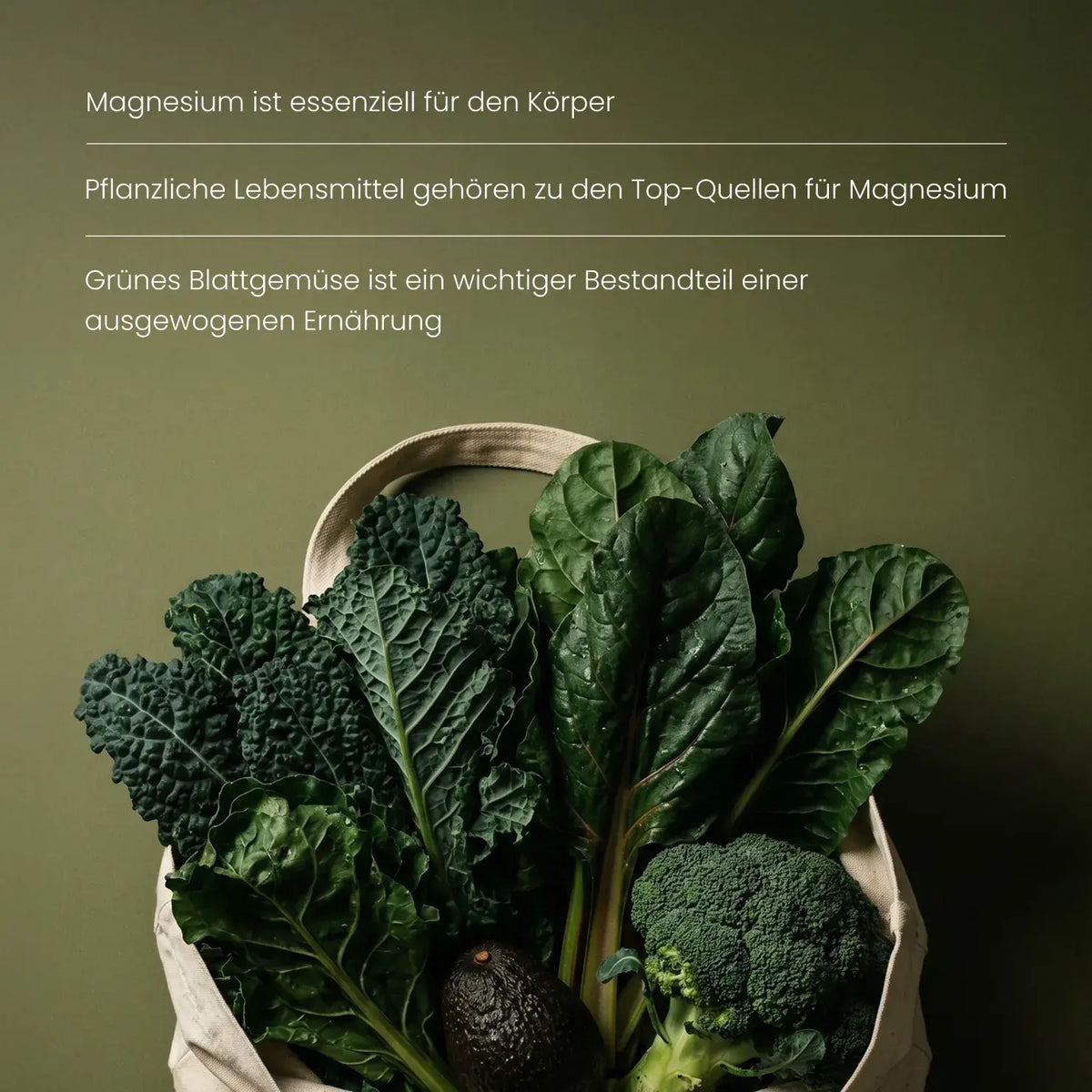 Stofftasche mit Grünkohl, Mangold, Brokkoli und Avocado: pflanzliche Lebensmittel als Magnesiumquellen