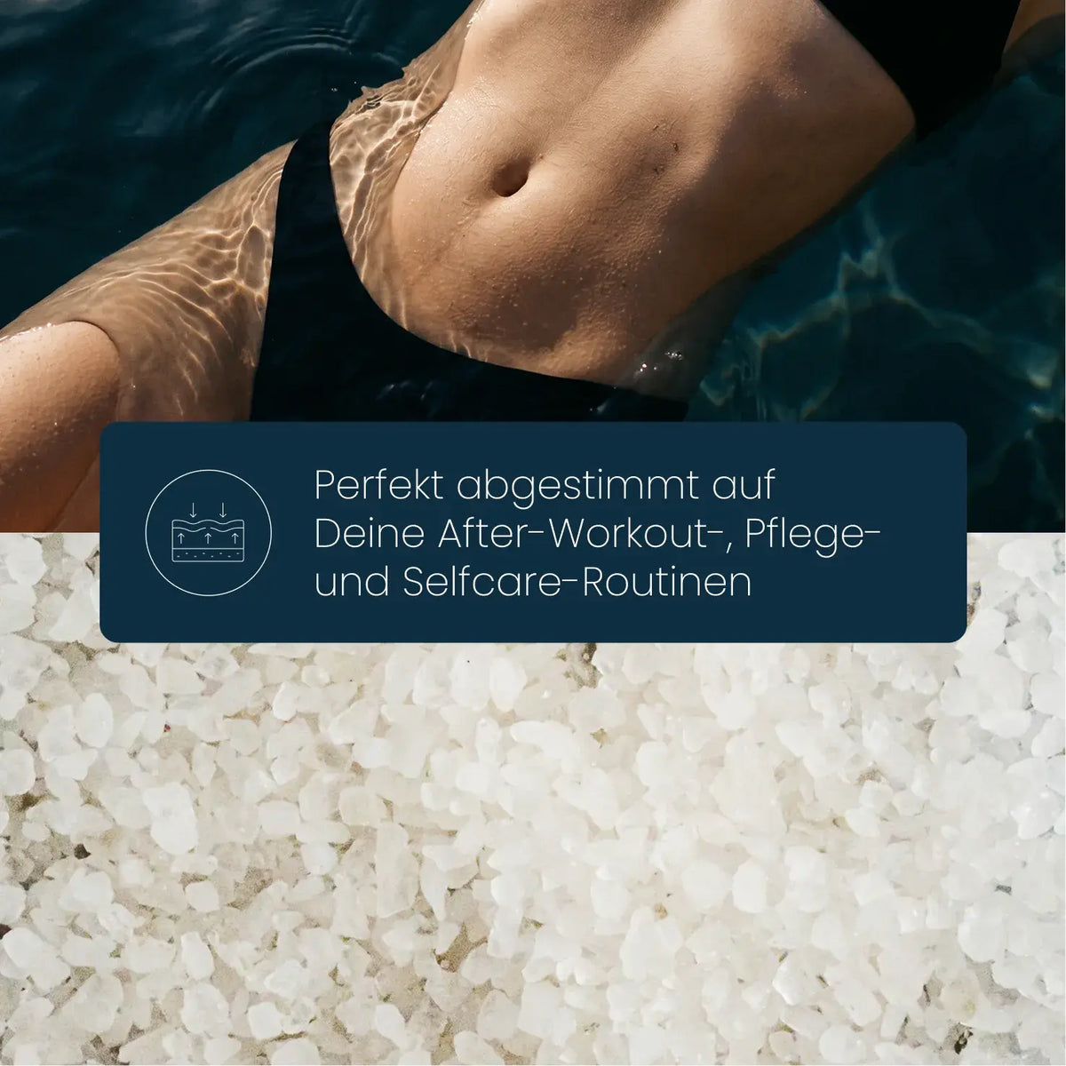 Frau im Wasser über Magnesiumflocken: Magnesium Öl Spray, abgestimmt auf After-Workout-, Pflege- und Selfcare-Routinen
