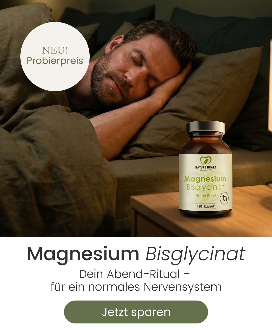 Magnesium Bisglycinat Banner mit schlafendem Mann im Bett, Produktglas auf dem Nachttisch, Hinweis „NEU! Probierpreis“, Button „Jetzt sparen“ und Text „Dein Abend-Ritual – für ein normales Nervensystem“ auf dunklem Schlafzimmer-Hintergrund.