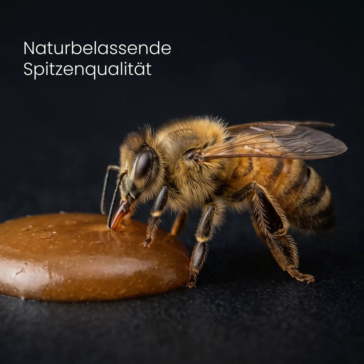 Honigbiene trinkt an einem Tropfen cremigem Manuka-Honig vor dunklem Hintergrund, Motiv zu Super Manuka