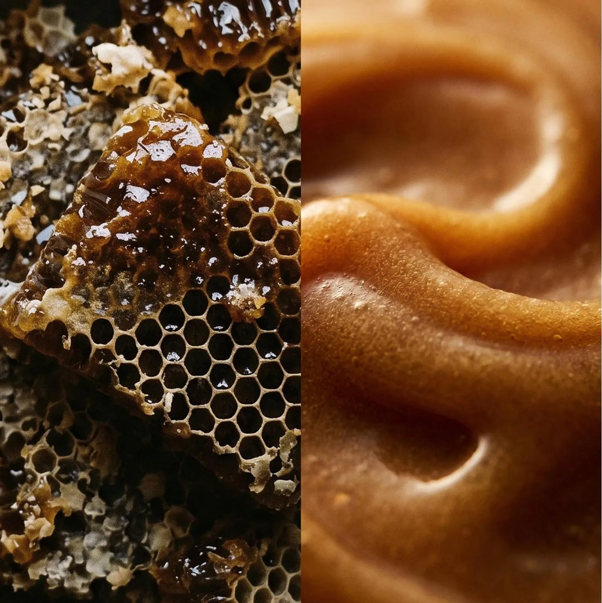 Nahaufnahme einer dunklen Bienenwabe mit Honig links und der cremigen, karamellfarbenen Textur von Super Manuka rechts