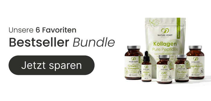 Werbebanner für das Bestseller Bundle der Marke Nature Heart mit sechs Nahrungsergänzungsmitteln, der Aufschrift Unsere 6 Favoriten Bestseller Bundle und einem Button mit der Aufschrift Jetzt sparen.
