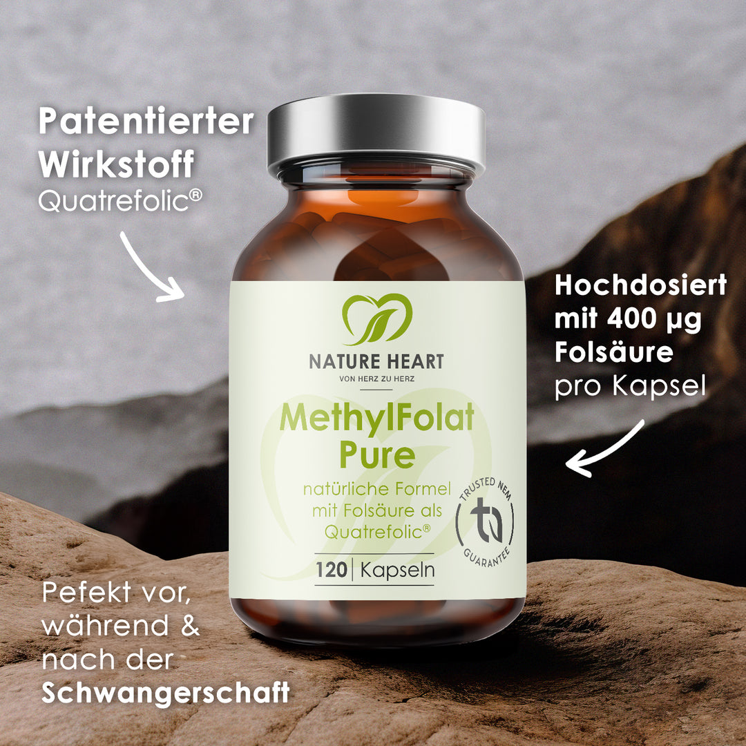 MethylFolat Pure Flasche auf Felsen mit Hinweisen auf den patentierten Wirkstoff Quatrefolic und 400 µg Folsäure pro Kapsel