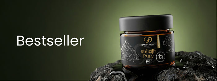 Banner mit der Aufschrift Bestseller auf grünem Hintergrund, rechts ein Nature Heart Shilajit Pure 30 g in dunklem Glasbehälter auf schwarzem Stein.