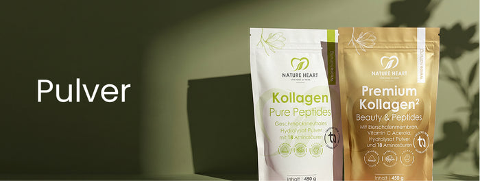 Banner mit der Aufschrift Pulver auf grünem Hintergrund, rechts Nature Heart Kollagen Pure Peptides und Premium Kollagen Beauty & Peptides als 450-g-Pulverbeutel mit sichtbaren Hinweisen auf Weidehaltung und 18 Aminosäuren.