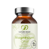 Magnesium Citrat in reiner Spitzenqualität, 120 Kapseln in brauner Glasflasche mit silbernem Deckel, angeschnitten im unteren Bildbereich vor grauem Hintergrund.