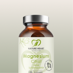Magnesium Citrat in reiner Spitzenqualität, 120 Kapseln in brauner Glasflasche mit silbernem Deckel, angeschnitten im unteren Bildbereich vor sanftem hellgrünem Hintergrund.