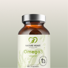 Omega 3 vegan, 60 Kapseln in brauner Glasflasche mit silbernem Deckel, angeschnitten im unteren Bildbereich vor sanftem hellgrünem Hintergrund.