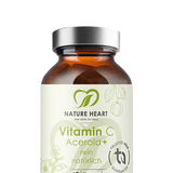 Vitamin C Acerola+ in rein natürlicher Form, 60 Kapseln in brauner Glasflasche mit silbernem Deckel auf grauem Hintergrund.
