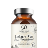 Leber Pur Raw Multiformel aus hochwertigem Rinderleber-Extrakt, in brauner Glasflasche mit silbernem Deckel, angeschnitten im unteren Bildbereich vor grauem Hintergrund.
