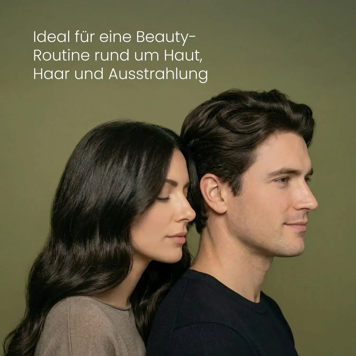 Frau und Mann mit dunklem Haar im Profil vor olivgrünem Hintergrund, Motiv zu MSM Pure Pro Aktiv