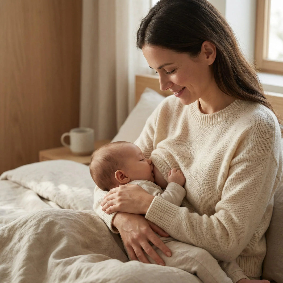 Mutter im cremefarbenen Strickpullover stillt lächelnd ihr Baby auf dem Bett in einem hellen Schlafzimmer