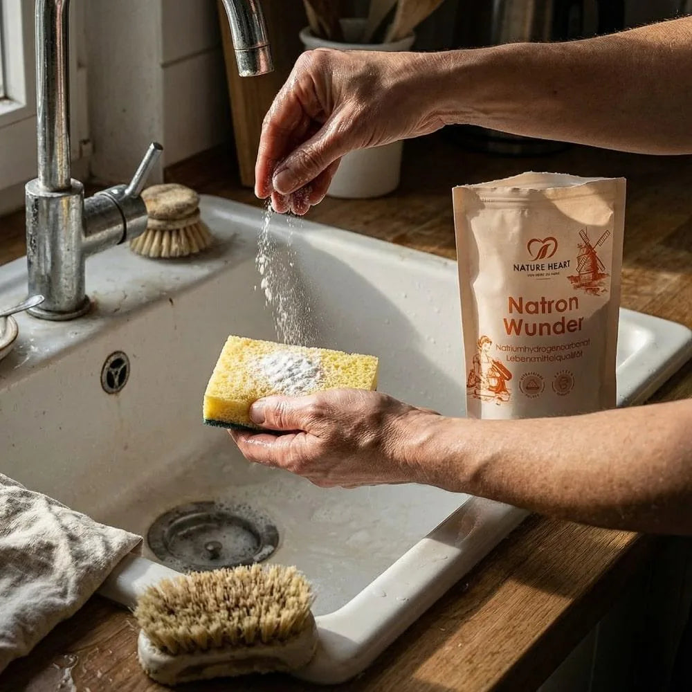 Hand streut Natron Wunder auf einen gelben Schwamm über dem Spülbecken, daneben der Beutel und Spülbürsten aus Holz