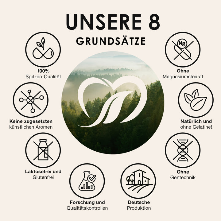 Nature Heart 8 Grundsätze: Spitzen-Qualität, ohne Magnesiumstearat, ohne künstliche Aromen, laktosefrei, ohne Gentechnik, deutsche Produktion
