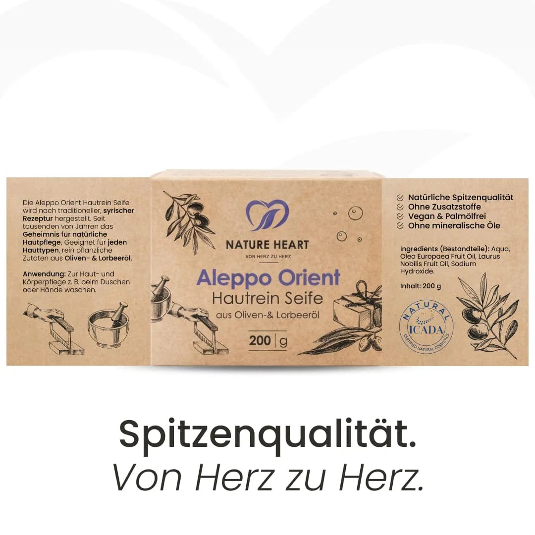 Aufgeklappte Verpackung der Nature Heart Aleppo Orient Hautrein Seife 200 g mit Beschreibung, Anwendung, Inhaltsstoffen und ICADA-Siegel