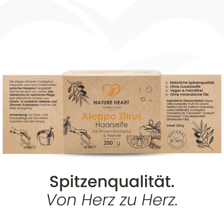 Aufgeklappte Verpackung der Nature Heart Aleppo Zitrus Haarseife 200 g mit Beschreibung, Anwendung, Inhaltsstoffen und ICADA-Siegel
