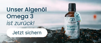 Werbebanner für Nature Heart Algenöl Omega-3 aus Mikroalgen, platziert auf Algen vor Meereskulisse. Der Text „Unser Algenöl Omega-3 ist zurück!“ wird durch einen weißen Button mit der Aufschrift „Jetzt sichern“ ergänzt.
