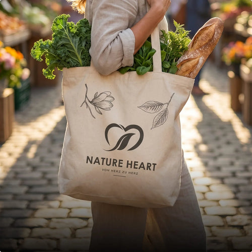 Eine Person trägt eine helle Stofftasche mit dem Logo von Nature Heart, die mit frischem Grünkohl, Kräutern und einem Baguette gefüllt ist, während sie über einen gepflasterten Markt geht.
