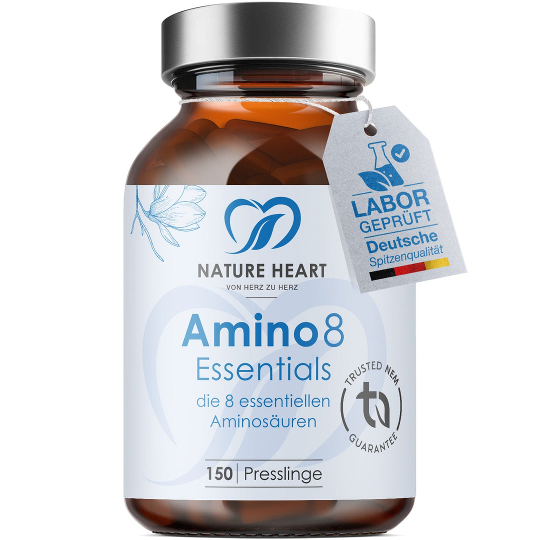 Nature Heart Amino 8 Essentials mit den 8 essentiellen Aminosäuren, 150 Presslinge im Braunglas mit Anhänger Labor geprüft