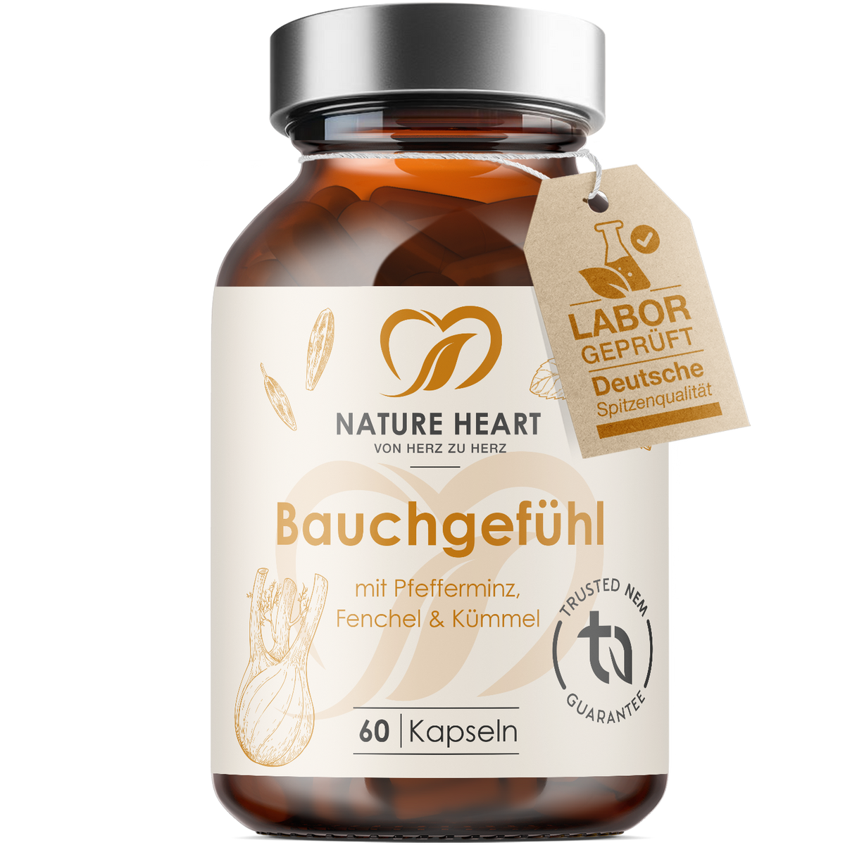 Nature Heart Bauchgefühl mit Pfefferminz, Fenchel & Kümmel: Braunglas mit 60 Kapseln und Anhänger „Laborgeprüft“