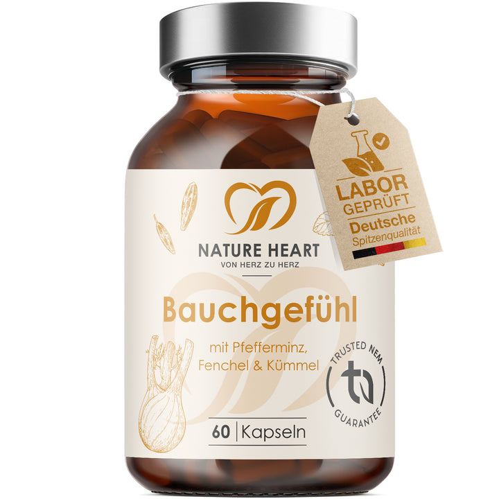 Nature Heart Bauchgefühl mit Pfefferminz, Fenchel und Kümmel, Glas mit 60 Kapseln und Anhänger Labor geprüft