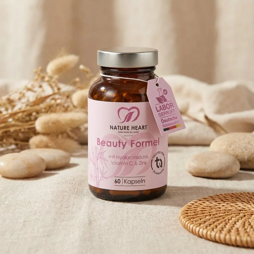 Nature Heart Beauty Formel mit Hyaluronsäure, Vitamin C & Zink: Braunglas mit 60 Kapseln auf Leinen mit Pampasgras