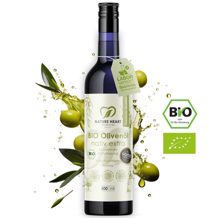 Nature Heart BIO Olivenöl nativ extra 500 ml Flasche mit Laborgeprüft-Anhänger, Oliven, Ölspritzern und EU-Bio-Siegel