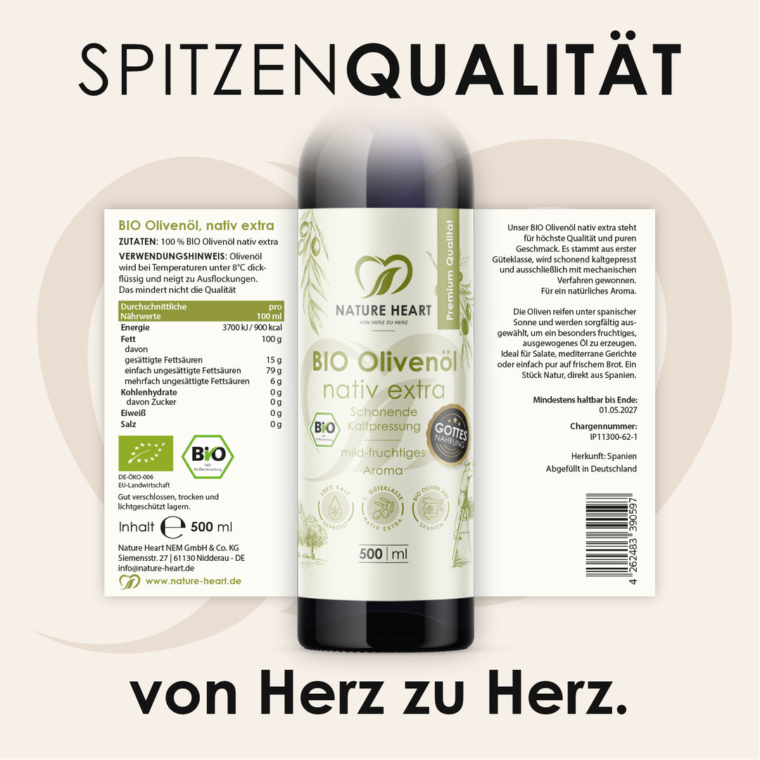 Nature Heart BIO Olivenöl nativ extra 500 ml mit aufgeklapptem Etikett: Zutaten, Nährwerttabelle, Herkunft Spanien