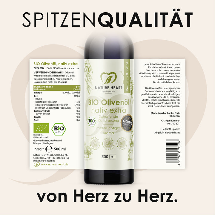 Nature Heart BIO Olivenöl nativ extra 500 ml mit aufgeklapptem Etikett: Zutaten, Nährwerttabelle, Herkunft Spanien