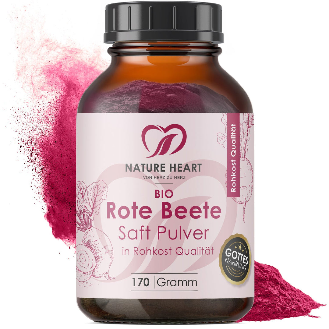 Nature Heart BIO Rote Beete Saft Pulver in Rohkost-Qualität, 170 g im Braunglas vor rotem Pulver