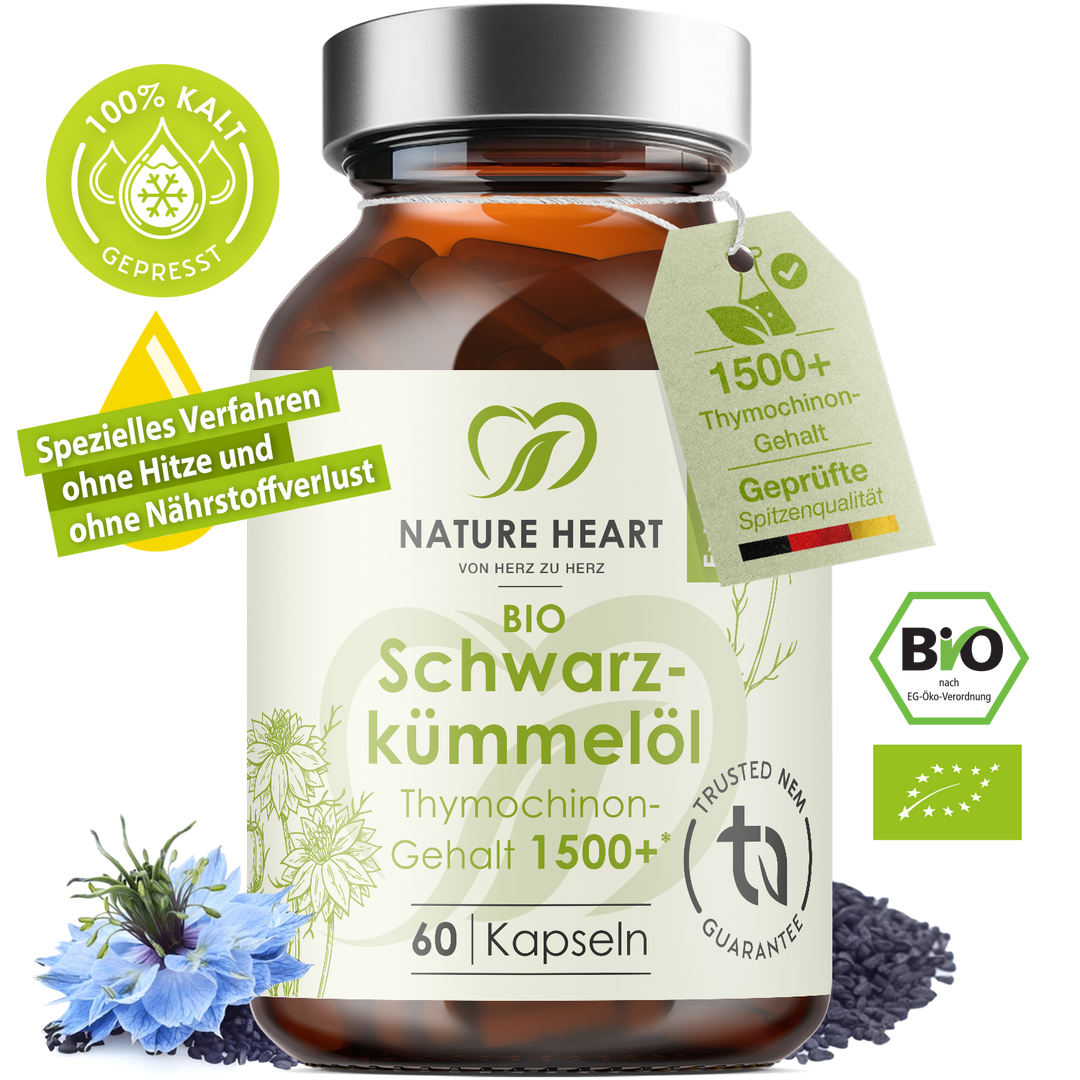 Nature Heart BIO Schwarzkümmelöl 1500+, Glas mit 60 Kapseln, Bio-Siegel und Hinweis 100 % kalt gepresst, freigestellt