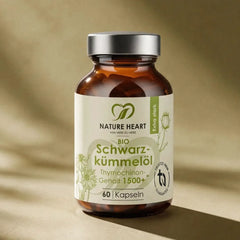 Nature Heart Bio Schwarzkümmelöl Kapseln, 60 Kapseln im Braunglas mit Silberdeckel, Etikett mit Thymochinon-Gehalt 1500+ und Aufdruck Extra stark