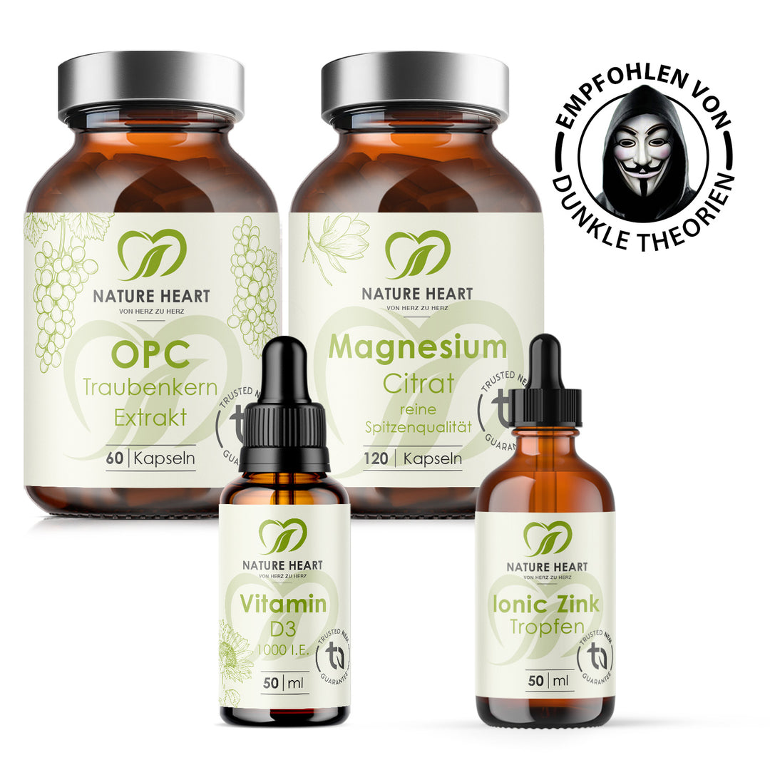 Nature Heart Daily Bundle mit OPC Traubenkern Extrakt, Magnesium Citrat, Vitamin D3 Tropfen und Ionic Zink Tropfen, Siegel Empfohlen von Dunkle Theorien