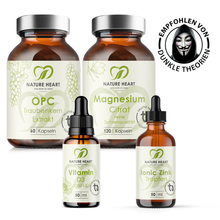 Nature Heart Daily Bundle mit OPC Traubenkern Extrakt, Magnesium Citrat, Vitamin D3 Tropfen und Ionic Zink Tropfen, Siegel Empfohlen von Dunkle Theorien