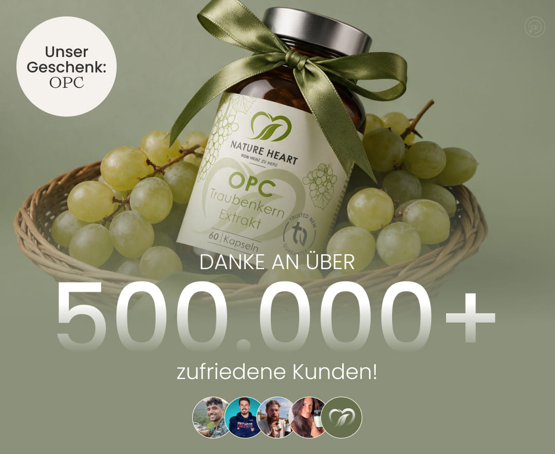 Nature Heart OPC Traubenkern Extrakt mit 60 Kapseln und grüner Schleife im Traubenkorb als Geschenk zum Dank an über 500.000 zufriedene Kunden