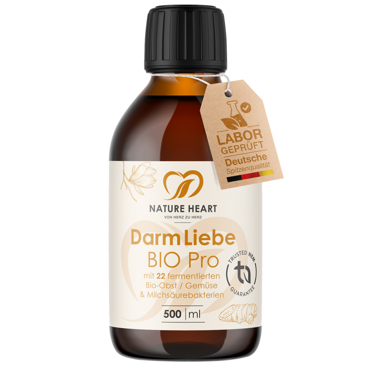 Nature Heart Darm Liebe BIO Pro 500 ml Braunglasflasche mit 22 fermentierten Bio-Obst- und Gemüsezutaten und Anhänger Labor geprüft, freigestellt