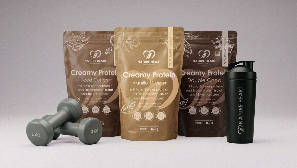 Creamy Protein Iced Coffee, Vanilla Dream und Double Choc 450 g in Standbeuteln mit Hanteln und schwarzem Shaker auf grauem Hintergrund