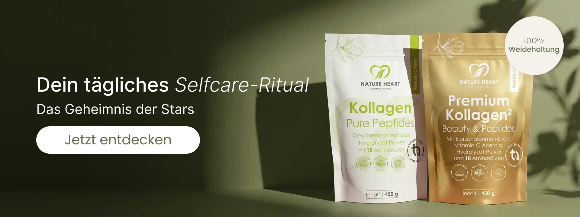 Kollagen Pure Peptides und Premium Kollagen 450 g in Standbeuteln auf grünem Hintergrund mit Selfcare-Ritual Banner