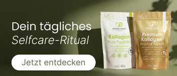 Kollagen Pure Peptides und Premium Kollagen 450 g in Standbeuteln auf grünem Hintergrund mit Selfcare-Ritual Banner