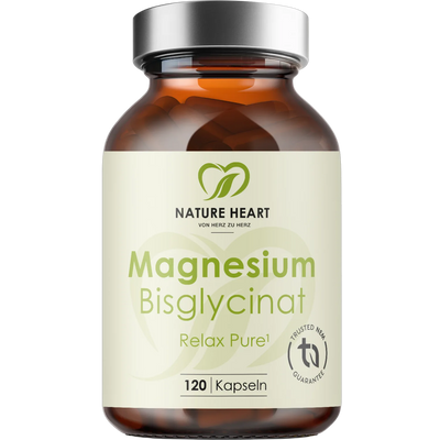 Magnesium Bisglycinat Relax Pure, 120 Kapseln in brauner Glasflasche mit silbernem Deckel auf dunklem Hintergrund.