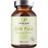 Zink Pure Bisglycinat mit 10 mg Zink pro Kapsel, 240 Kapseln in brauner Glasflasche mit silbernem Deckel.