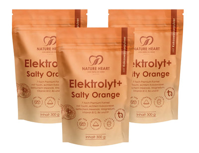 Drei Packungen Nature Heart Elektrolyt+ in der Geschmacksrichtung Salty Orange als Essentials-Paket.