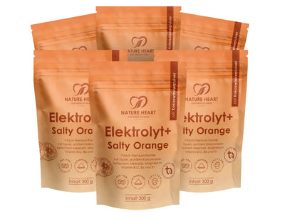 Saison-Vorratspaket mit sechs Packungen Nature Heart Elektrolyt+ Salty Orange.