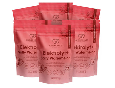 Sechs Packungen Nature Heart Elektrolyt+ Watermelon als vorteilhafter Saison-Vorrat.