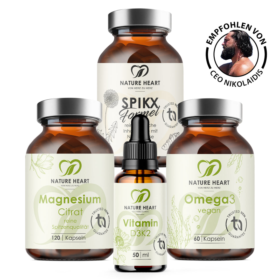 Nature Heart Gamechanger Bundle mit SPIKX Formel, Magnesium Citrat, Vitamin D3+K2 und Omega 3 vegan, empfohlen von CEO Nikolaidis