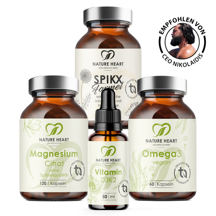 Nature Heart Gamechanger Bundle mit SPIKX Formel, Magnesium Citrat, Vitamin D3+K2 und Omega 3 vegan, empfohlen von CEO Nikolaidis